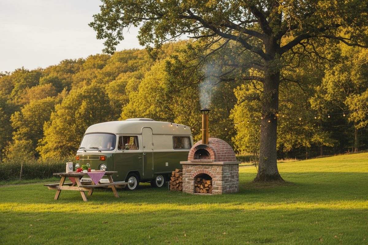 Create a image of a campervan site with a pizza oven